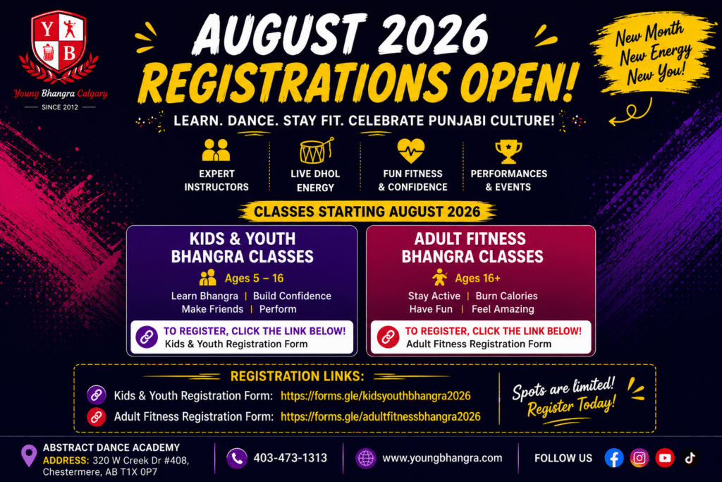 Young Bhangra August 2026 registration poster for Kids, Youth and Adult Fitness classes in Chestermere
